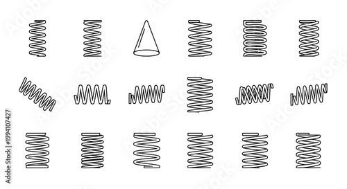 various mechanical spring coil designs and helical compression springs perfect for engineering icons and industrial design elements.