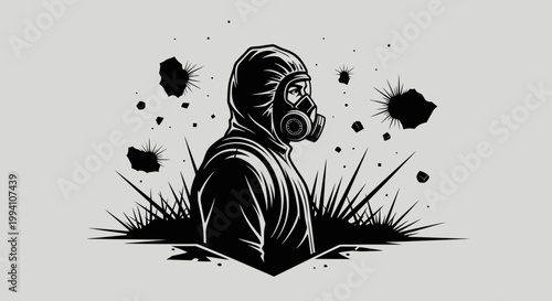 hazmat suit and gas mask on a person standing in a hazardous environment symbolizing chemical protection and post apocalyptic survival.