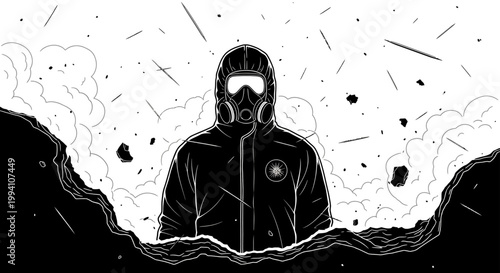 hazmat suit and gas mask person in protective gear standing in dangerous environment with asbestos and debris depicting emergency.