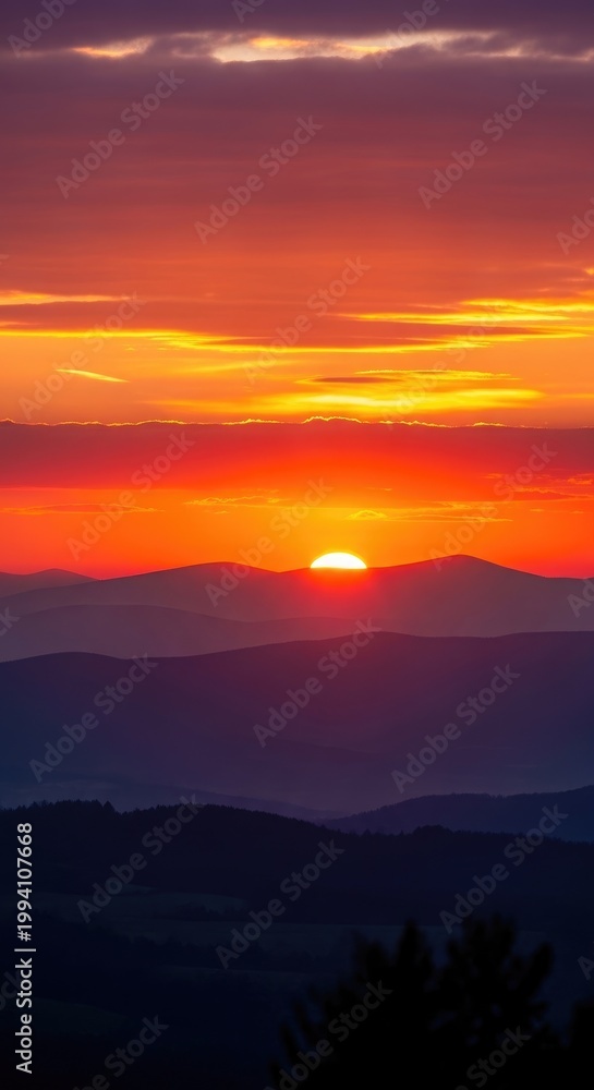 Obraz premium Sunset over the mountains with vibrant colors.