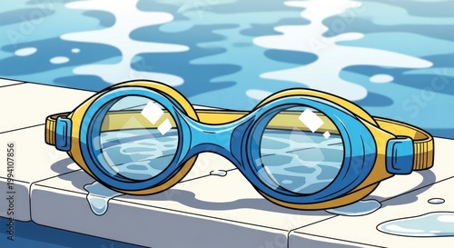 Swimming Goggles Resting Beside Pool.