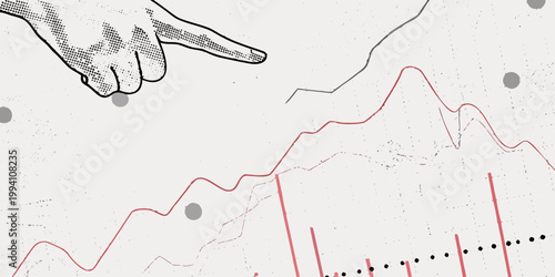 A hand points toward a rising graph with fluctuating red and gray lines