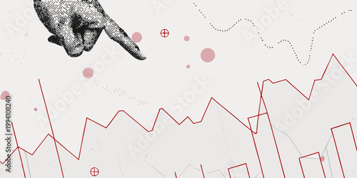 A hand points towards a red line graph with scattered abstract shapes