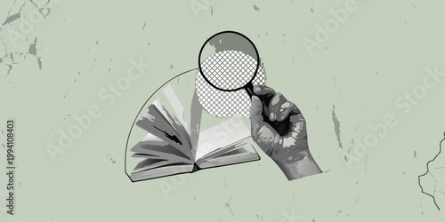 An open book is viewed through a magnifying glass revealing a pattern