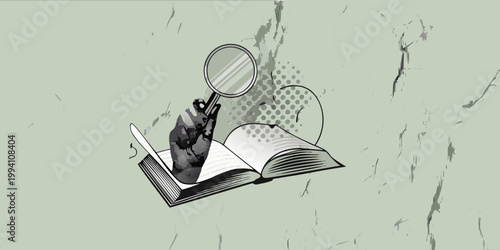 A hand holding a magnifying glass over an open book illustration