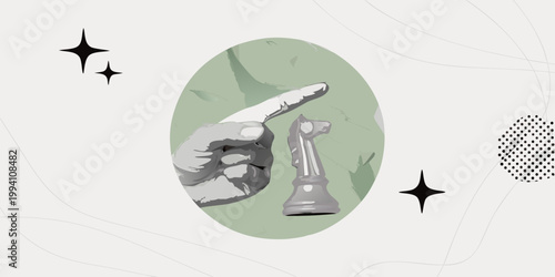 A hand points towards a knight chess piece against a soft background