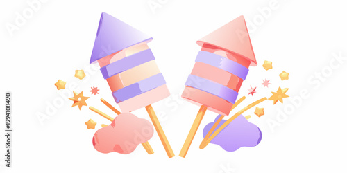 Colorful cartoon rockets with sparkling trails and fluffy clouds illustrated