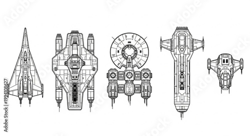 Collection of futuristic spacecraft designs in black and white sketch style.