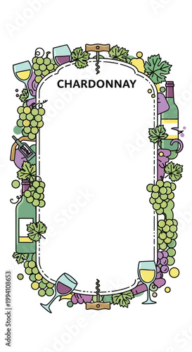 Chardonnay Wine Illustration with Grapes, Bottles, and Glasses.