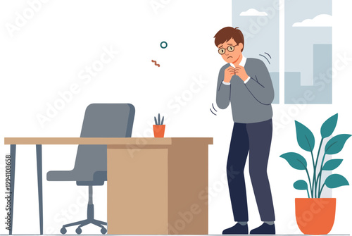 Man coughs strongly while standing next to office desk with chair and plant