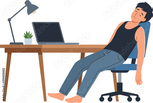 Man reclining in office chair at wooden desk with laptop and lamp
