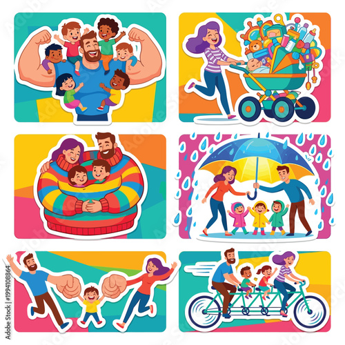Carrying Comically Large Strollers Showing Family Bonds Vector Set 6 Caricature Stickers Flat Colorful Art Isolated White Background World Refugee Day Premium Graphic Comic Illustration