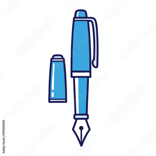 Stylized blue fountain pen icon with removable cap illustration.