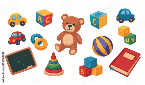 Colorful children toys collection with cars teddy bear blocks and educational game elements flat vector illustration