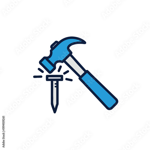 Hammer hitting a metal nail icon isolated on white background.