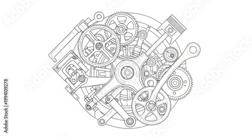 Detailed mechanical drawing of a complex clockwork mechanism.