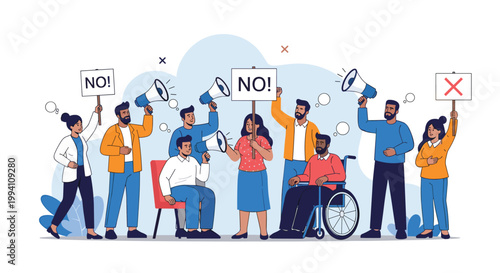 Diverse group of people participating in a peaceful protest or demonstration holding signs and using megaphones to voice their opinions.