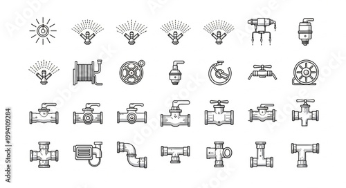 Collection of plumbing pipe fittings and valves hand drawn icons.