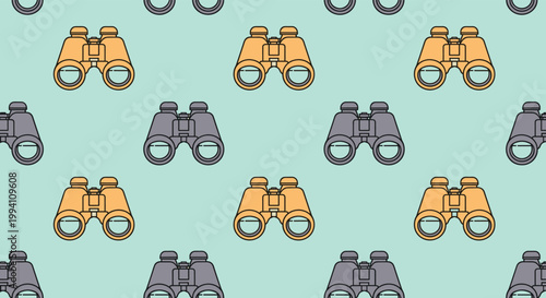 Decorative pattern of binoculars in orange and gray colors repeated across a light teal background for a nature or travel theme.