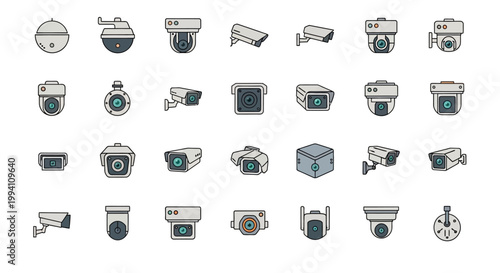 Collection of various security camera icons in a grid pattern.