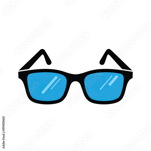 Minimalist black framed eyeglasses icon with bright blue lenses.