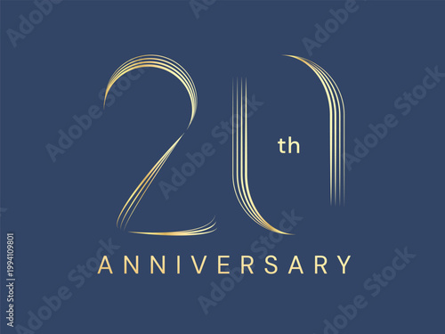 20th Anniversary luxury gold celebration with elegant curved slim pattern lines numbers typography vector illustration design concept. Twenty years anniversary gold for celebration event, business.