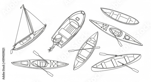 Collection of Hand Drawn Nautical Vessels and Canoes.