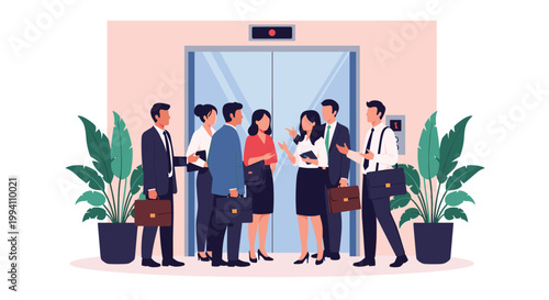 Group of diverse business professionals in formal attire standing and talking while waiting for an elevator in a modern office lobby.