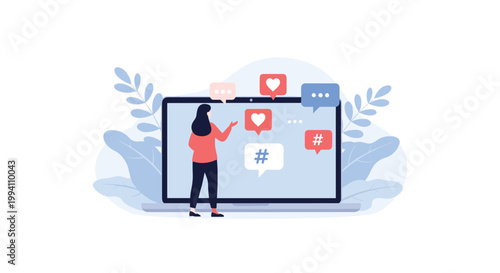 Woman interacting with social media icons like hearts, hashtags, and message bubbles displayed on a laptop screen for digital marketing.