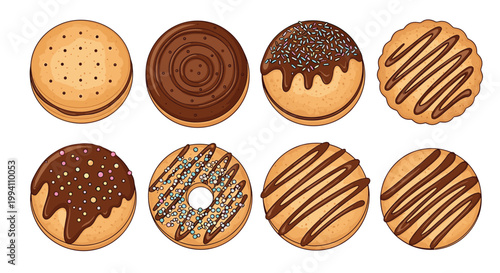 Assortment of sweet treats featuring decorated donuts with sprinkles and various cookies with chocolate drizzle and cream filling.
