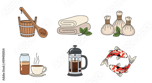 Spa and relaxation themed icons set including a sauna bucket, towels, herbal bags, koi fish, coffee, and essential oil bottles.