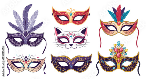 Collection of ornate and colorful masquerade masks decorated with feathers and jewels for a traditional carnival or costume party.