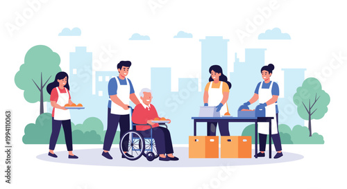 Group of kind volunteers serving food and providing care to an elderly person in a wheelchair at an outdoor city community center.