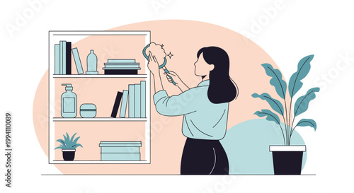 Woman in a light blue shirt dusting a wooden bookshelf with a feather duster to keep her modern home clean and organized.