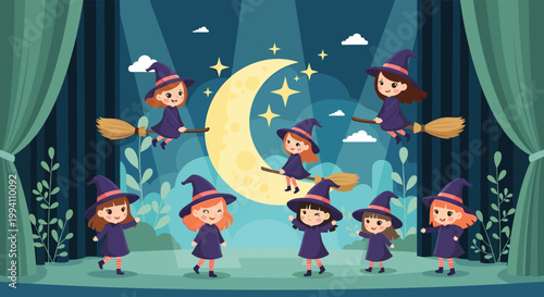 Group of adorable little girl witches flying on brooms and dancing on a theater stage in front of a giant yellow crescent moon.