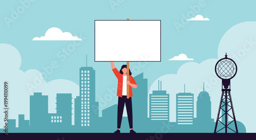 Woman stands in front of a city skyline holding a large blank white protest sign which can be customized with any message or slogan for advocacy.