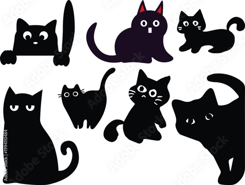 Minimalist black silhouette cats peeking hiding playing looking curious vector art collection with cute expression set.Nine playful black cat silhouettes, in various poses, peeking out from behind.