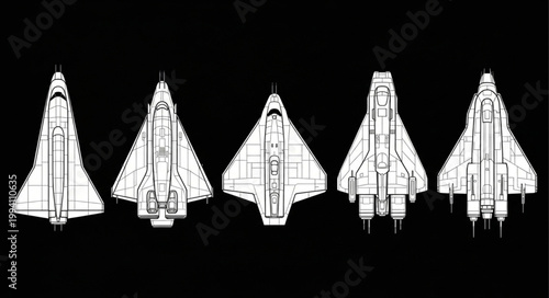 Collection of futuristic spacecraft designs in white outline on black background.