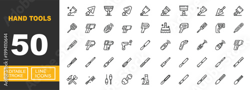 Hand Tools line icon set. Exclusive Hand Tools line icon collection. Containing Scraper, Trowel, Spatula, Brush, Thermometer, Screwdriver, Chisel, Hammer, File, Saw. Editable stroke.