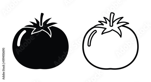 Two tomatoes one solid and one outlined depicted as a silhouette