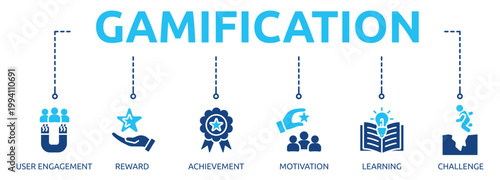 gamification glyph banner icon of user engagement, reward, achievement, motivation, learning, challenge