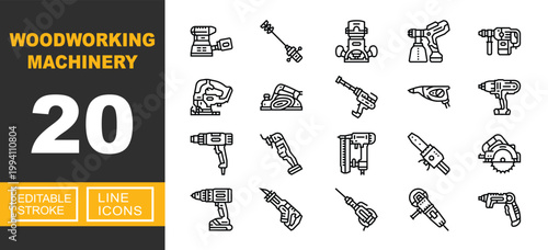 Woodworking Machinery line icon set. Exclusive Woodworking Machinery line icon collection. Containing Sander, Router, Sprayer, Jigsaw, Planer, Nailer, Chainsaw, Circular, Drill. Editable stroke.