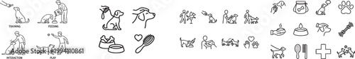 Dog Training and Care Line Icon. Pet Feeding and Interaction Illustration Set, isolated on white
