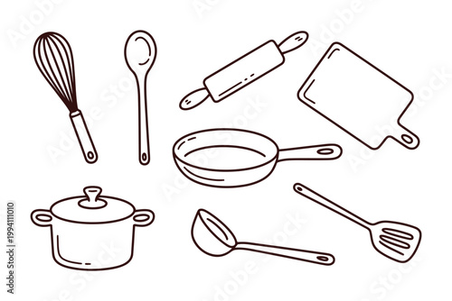 Kitchen utensils and cooking tools set outline for baking and food.