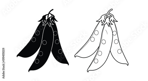 Two pea pods with circular spots a striking black silhouette