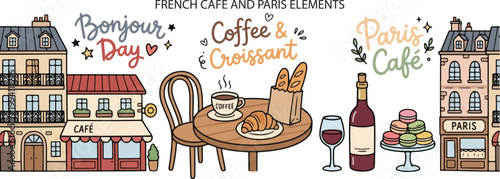French Cafe Paris Coffee and Bakery Food, Illustration Doodle Cartoon Collection
