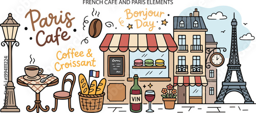 French Cafe Paris Coffee and Bakery Food, Illustration Doodle Cartoon Collection