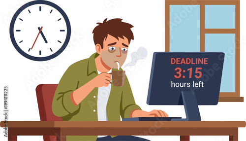 Man sitting at desk with computer screen showing deadline and clock on wall