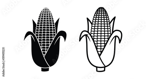 Two corn cobs displayed in a simple stark black silhouette