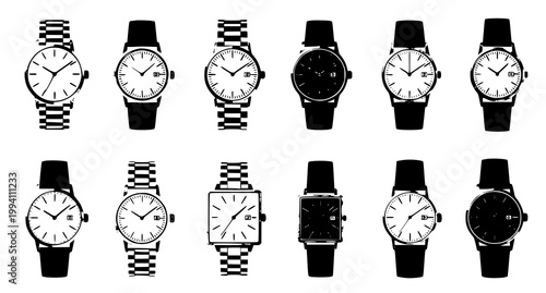 Modern and vintage wristwatch set with silver gold and leather straps men and women watch collection vector on white